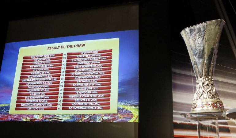 A screen shows the results of the draw for the Europa League round of 32 soccer matches near the Europa League trophy at the UEFA headquarters in Nyon December 15, 2014. REUTERS/Pierre Albouy (SWITZERLAND - Tags: SPORT SOCCER) A screen shows the results of the draw for the Europa League round of 32 soccer matches near the Europa League trophy at the UEFA headquarters in Nyon December 15, 2014. REUTERS/Pierre Albouy (SWITZERLAND - Tags: SPORT SOCCER)