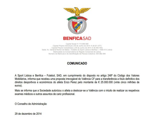 Comunicado oficial en el que el Benfica anuncia el traspaso de Enzo Pérez y sus detalles Comunicado oficial en el que el Benfica anuncia el traspaso de Enzo Pérez y sus detalles