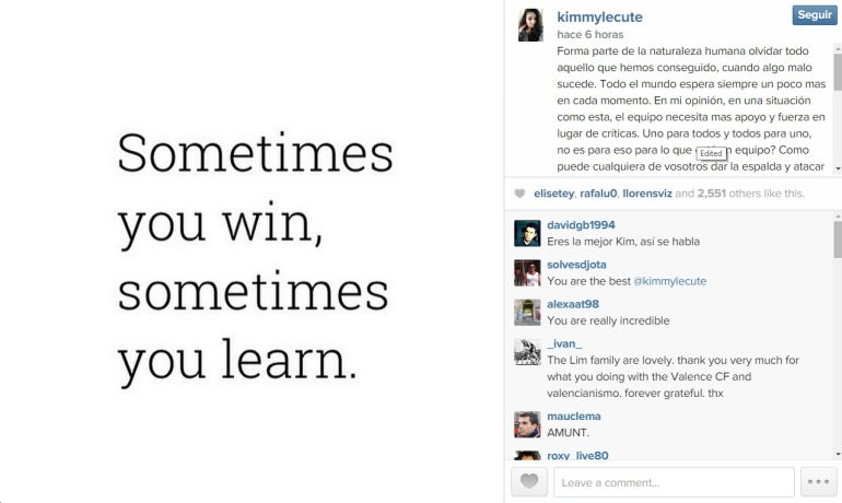 Mensaje que lanza Kim Lim a la afición del Valencia en Instagram Mensaje que lanza Kim Lim a la afición del Valencia en Instagram
