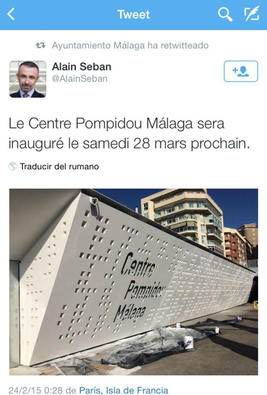 El ayuntamiento confirma por twitter que el Pompidou se inaugurará el 28 de marzo El ayuntamiento confirma por twitter que el Pompidou se inaugurará el 28 de marzo