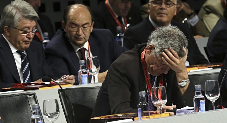 GRA102. LAS ROZAS (MADRID), 14/07/2015.- El presidente de la Federación Española de Fútbol (RFEF), Ángel María Villar (delante), y el presidente del Atlético de Madrid, Enrique Cerezo (i), entre otros, durante la Asamblea General de la Real Federación Española de Fútbol que se celebra en la Ciudad del Fútbol de Las Rozas, en la que, entre otros asuntos, se sorteará el calendario de la Liga BBVA y Adelante de la temporada 2015-2016. EFE/Zipi GRA102. LAS ROZAS (MADRID), 14/07/2015.- El presidente de la Federación Española de Fútbol (RFEF), Ángel María Villar (delante), y el presidente del Atlético de Madrid, Enrique Cerezo (i), entre otros, durante la Asamblea General de la Real Federación Española de Fútbol que se celebra en la Ciudad del Fútbol de Las Rozas, en la que, entre otros asuntos, se sorteará el calendario de la Liga BBVA y Adelante de la temporada 2015-2016. EFE/Zipi