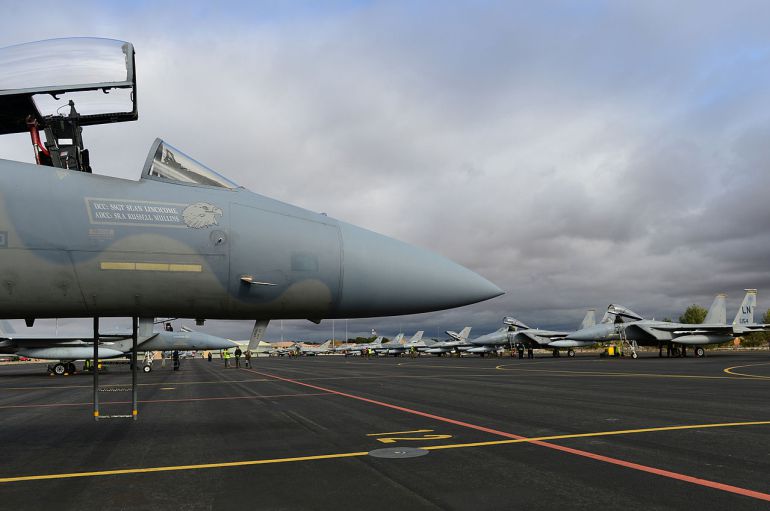 Imagen de un caza F15 estadounidense en la base aérea de Los LLanos Imagen de un caza F15 estadounidense en la base aérea de Los LLanos