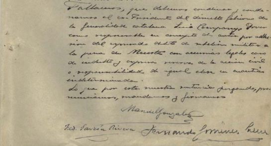 Fragmento de la sentencia que condenó a muerte a Lluís Companys (1940)