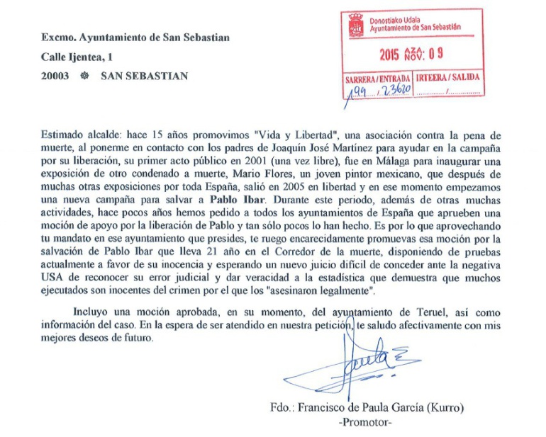 Extracto de la moción para pedir la liberación de Pablo Ibar registrada en el Ayuntamiento de San Sebastián. Extracto de la moción para pedir la liberación de Pablo Ibar registrada en el Ayuntamiento de San Sebastián.