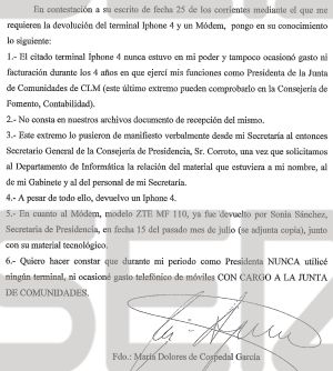 Respuesta enviada por la ex Presidenta Cospedal Respuesta enviada por la ex Presidenta Cospedal