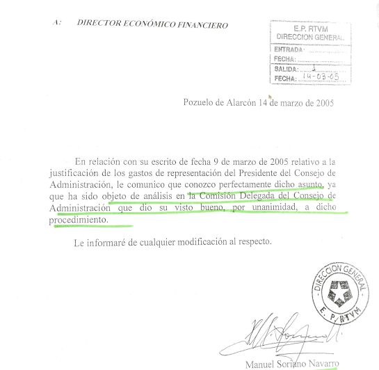 El director general de Telemadrid, Manuel Soriano, advierte al director financiero de la validez del procedimiento acordado por el Consejo de Administración para la justificación de gastos El director general de Telemadrid, Manuel Soriano, advierte al director financiero de la validez del procedimiento acordado por el Consejo de Administración para la justificación de gastos