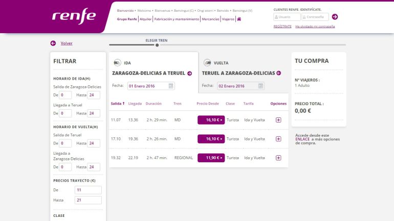 Captura de la pantalla de la compra de billetes en la p&aacute;gina web de Renfe