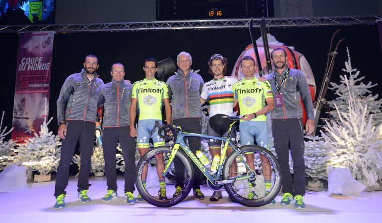 De izquierda a derecha, Ivan Basso, Steven de Jongh, Alberto Contador, Oleg Tinkov, Peter Sagan, Rafal Majka y Stefano Feltrin. De izquierda a derecha, Ivan Basso, Steven de Jongh, Alberto Contador, Oleg Tinkov, Peter Sagan, Rafal Majka y Stefano Feltrin.