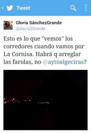 Tiuit en el que Gloria denuncia la oscuridad del Paseo de Cornisa. Tiuit en el que Gloria denuncia la oscuridad del Paseo de Cornisa.