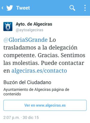 La respuesta del Aytuntamiento de Algeciras a la denuncia realizada por Gloria en un tuit. La respuesta del Aytuntamiento de Algeciras a la denuncia realizada por Gloria en un tuit.