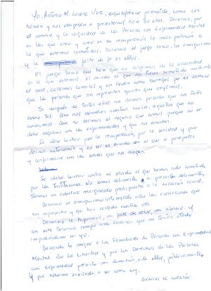 Escrito en el que Antonio Lucena presenta su dimisión como representantante de los enfermos en las asociaciones de familiares de enfermos mentales. Escrito en el que Antonio Lucena presenta su dimisión como representantante de los enfermos en las asociaciones de familiares de enfermos mentales.