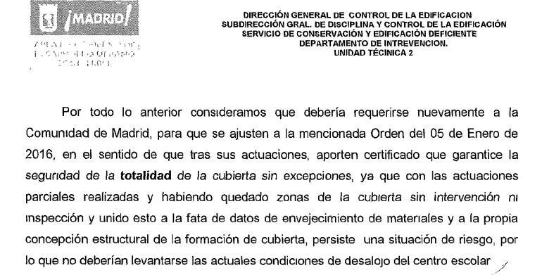 Conclusiones finales del informe del ayuntamiento de Madrid que consideran insuficientes las obras de la Comunidad y desaconseja que vuelvan los alumnos al colegio Gonzalo Fernández de Córdoba Conclusiones finales del informe del ayuntamiento de Madrid que consideran insuficientes las obras de la Comunidad y desaconseja que vuelvan los alumnos al colegio Gonzalo Fernández de Córdoba