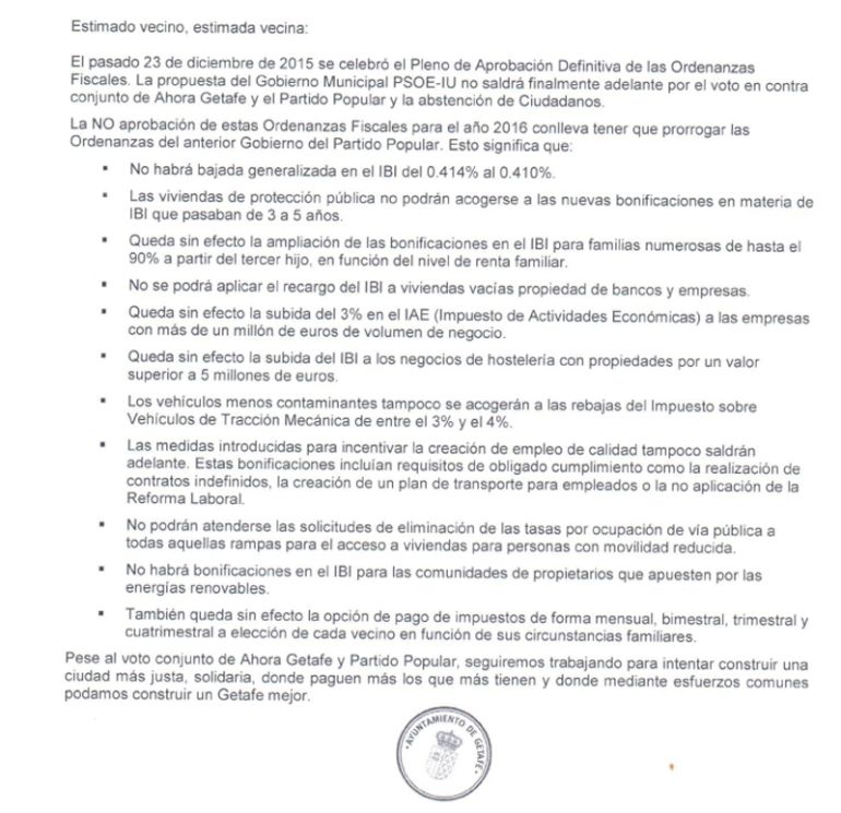 Una de las cartas enviadas a los vecinos Una de las cartas enviadas a los vecinos