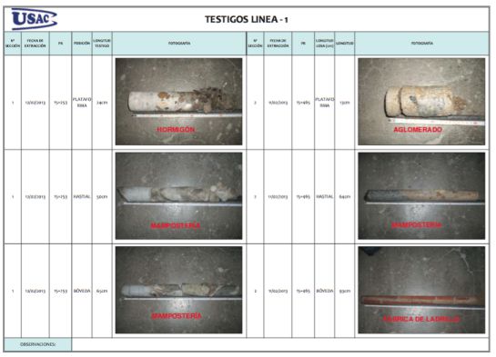 Estado de las muestras extraídas en 2013, donde se aprecia el deterioro de los materiales en los túneles entre Bilbao y Gran Vía Estado de las muestras extraídas en 2013, donde se aprecia el deterioro de los materiales en los túneles entre Bilbao y Gran Vía
