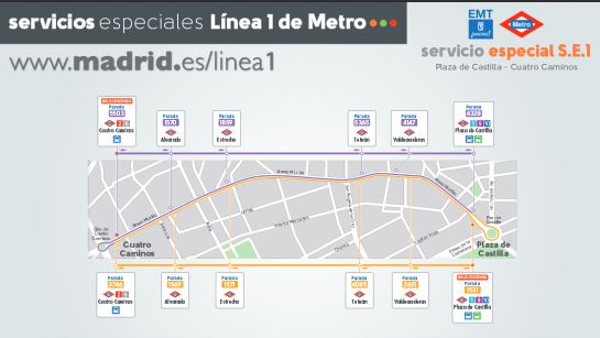 Trazado de una de las tres líneas especiales de la EMT que servirán como servicio alternativo durante las obras Trazado de una de las tres líneas especiales de la EMT que servirán como servicio alternativo durante las obras