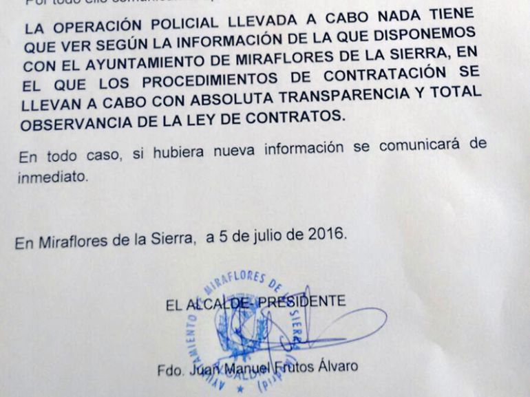 Comunicado del ayuntamiento de Miraflores de la Sierra ante la Operación Termyca Comunicado del ayuntamiento de Miraflores de la Sierra ante la Operación Termyca