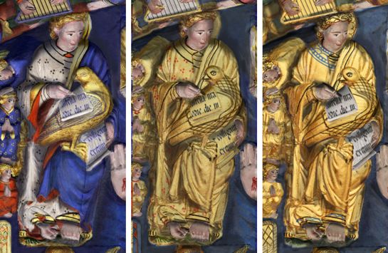 Detalle de las distintas gamas cromáticas que se están recuperando y descubriendo gracias a las obras de conservación del Pórtico de la Gloria. Detalle de las distintas gamas cromáticas que se están recuperando y descubriendo gracias a las obras de conservación del Pórtico de la Gloria.