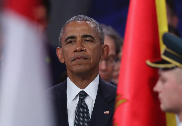 President Barack Obama observes a ceremony to honour NATO soldiers killed in the line of duty prior to the meeting of the North Atlantic Council at the Warsaw NATO Summit on July 8, 2016 in Warsaw, Poland. NATO member heads of state, foreign ministers and defense ministers are gathering for a two-day summit beginning today. President Barack Obama observes a ceremony to honour NATO soldiers killed in the line of duty prior to the meeting of the North Atlantic Council at the Warsaw NATO Summit on July 8, 2016 in Warsaw, Poland. NATO member heads of state, foreign ministers and defense ministers are gathering for a two-day summit beginning today.