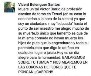 Comentario que se podía leer en la cuenta de Facebook de Vicent Belenguer. Comentario que se podía leer en la cuenta de Facebook de Vicent Belenguer.