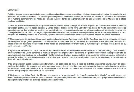 Comunicado Urban Fest. Comunicado Urban Fest.