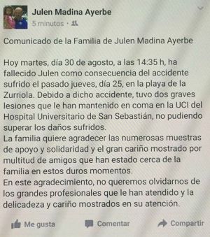 Fallece Julen Madina tras no poder recuperarse de su accidente en la Zurriola Fallece Julen Madina tras no poder recuperarse de su accidente en la Zurriola