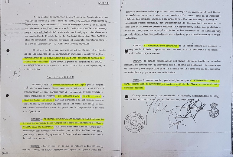 Convenio entre el Ayuntamiento de Santander y el Racing para el uso de los Campos de Sport.