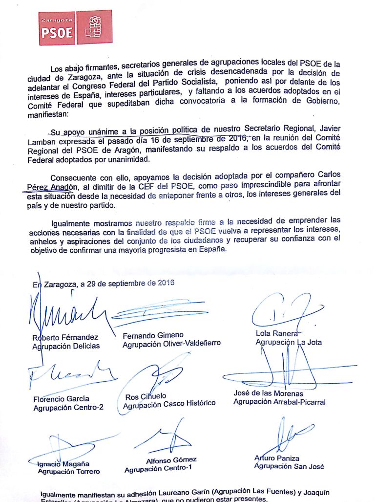 Documento de apoyo firmado por 11 de las 13 agrupaciones locales del PSOE Documento de apoyo firmado por 11 de las 13 agrupaciones locales del PSOE