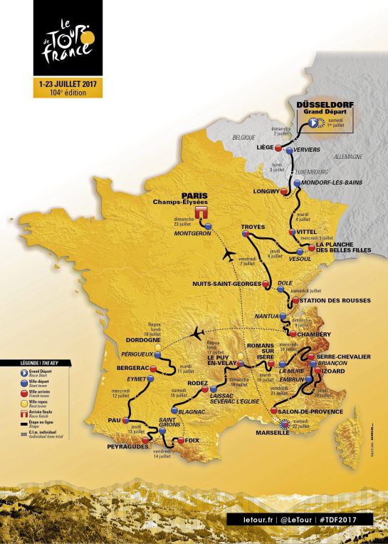 TOU01 PARÍS (FRANCIA) 18/10/2016.- Imagen sin fecha cedida hoy, 18 de octubre de 2017, por la Amaury Sport Organisation (ASO) que muestra la ruta oficial del Tour de Francia 2017. La edición 104 del Tour de Francua comenzará el próxim 1 de julio en Dusseldorf (Alemania) y finalizará en París el 23 de julio de 2017. EFE/Aso / Handout FOTOGRAFÍA CEDIDA/ SOLO USO EDITORIAL/ NO VENTAS TOU01 PARÍS (FRANCIA) 18/10/2016.- Imagen sin fecha cedida hoy, 18 de octubre de 2017, por la Amaury Sport Organisation (ASO) que muestra la ruta oficial del Tour de Francia 2017. La edición 104 del Tour de Francua comenzará el próxim 1 de julio en Dusseldorf (Alemania) y finalizará en París el 23 de julio de 2017. EFE/Aso / Handout FOTOGRAFÍA CEDIDA/ SOLO USO EDITORIAL/ NO VENTAS