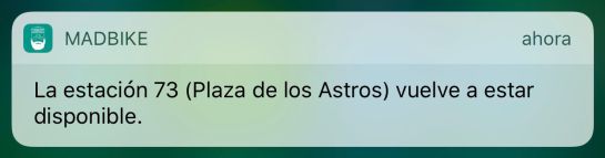 Notificaciones cuando una estación de BiciMad vuelve a estar disponible. Notificaciones cuando una estación de BiciMad vuelve a estar disponible.