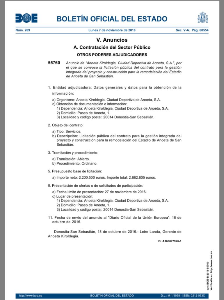 Imagen de la publicación de Anoeta Kiroldegia en el BOE Imagen de la publicación de Anoeta Kiroldegia en el BOE