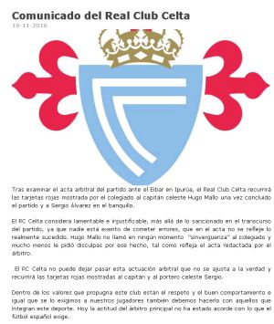 El Celta envía un duro comunicado por la actuación de Munuera Montero El Celta envía un duro comunicado por la actuación de Munuera Montero