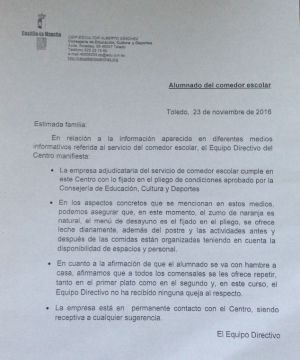 La dirección del colegio "Alberto Sánchez" desmiente que los menús sean escasos La dirección del colegio "Alberto Sánchez" desmiente que los menús sean escasos