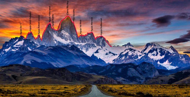 Perfil de las montañas del macizo de El Chaltén, en la Patagonia argentina. Perfil de las montañas del macizo de El Chaltén, en la Patagonia argentina.