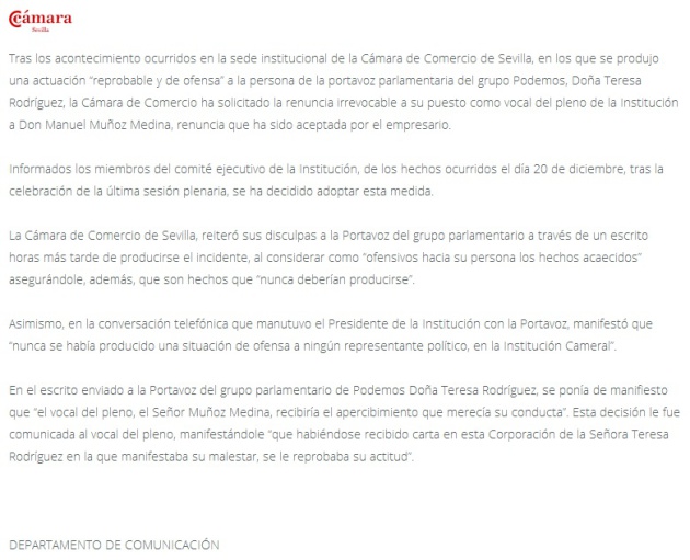 El comunicado de la Cámara de Comercio de Sevilla en el que se informa de la dimisión de Manuel Muñoz Medina. El comunicado de la Cámara de Comercio de Sevilla en el que se informa de la dimisión de Manuel Muñoz Medina.