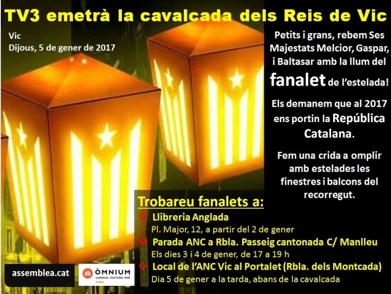 El cartel con el que los independentistas llaman a llenar la cabalgata de Reyes de Vic con farolillos de la estelada El cartel con el que los independentistas llaman a llenar la cabalgata de Reyes de Vic con farolillos de la estelada