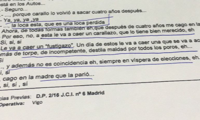 Parte de la conversación captada por Vigilancia Aduanera donde se descalifica a la juez Pilar de Lara Parte de la conversación captada por Vigilancia Aduanera donde se descalifica a la juez Pilar de Lara