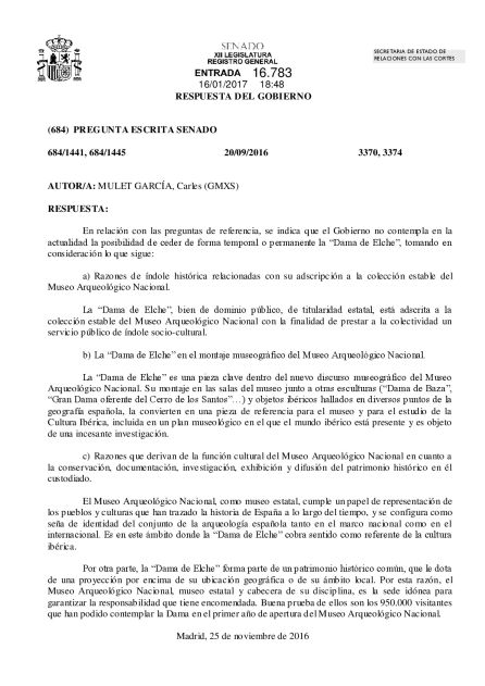 Escrito del gobierno en el que se rechaza ceder la Dama de Elche Escrito del gobierno en el que se rechaza ceder la Dama de Elche