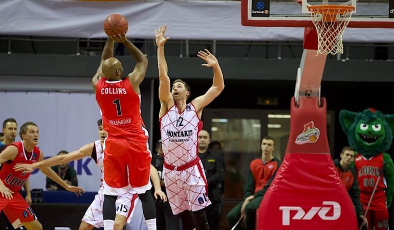 Collins, del Lokomotiv Kuban, lanza a canasta con la oposición de Wear, del Montakit Fuenlabrada, en el partido de la semana pasada en Krasnodar Collins, del Lokomotiv Kuban, lanza a canasta con la oposición de Wear, del Montakit Fuenlabrada, en el partido de la semana pasada en Krasnodar