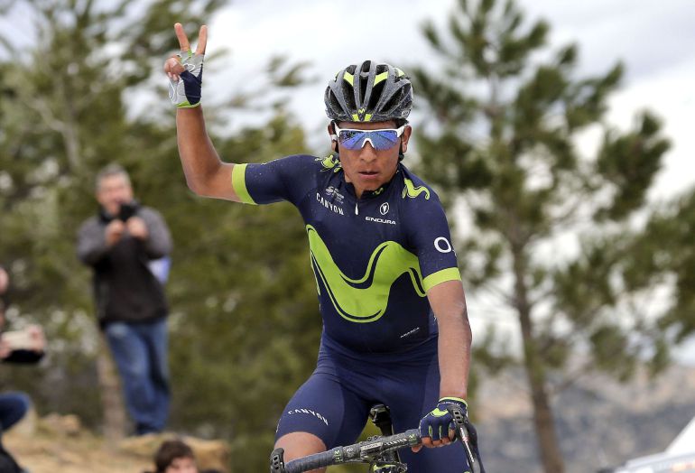 GRA214. RIBARROJA - VALENCIA (C. VALENCIANA), 04022016. El ciclista colombiano del equipo Movistar, Nairo Quintana, se ha impuesto en el alto de Mas de la Costa donde ha finalizado la cuarta etapa de la 68 Volta a la Comunitat Valenciana disputada entre las localidades catellonenses de Segorbe y Lucena del Cid de 180 kms. EFEManuel Bruque. GRA214. RIBARROJA - VALENCIA (C. VALENCIANA), 04022016. El ciclista colombiano del equipo Movistar, Nairo Quintana, se ha impuesto en el alto de Mas de la Costa donde ha finalizado la cuarta etapa de la 68 Volta a la Comunitat Valenciana disputada entre las localidades catellonenses de Segorbe y Lucena del Cid de 180 kms. EFEManuel Bruque.