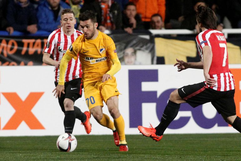 Giannis Gianniotas of Apoel FC and Benat Etxebarria of Athletic Bilbao in action. Giannis Gianniotas of Apoel FC and Benat Etxebarria of Athletic Bilbao in action.