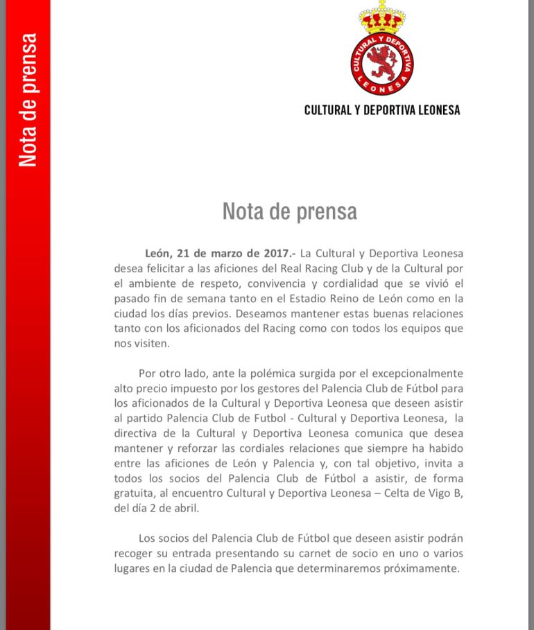 Nota de prensa hecha pública por la Cultural hoy Nota de prensa hecha pública por la Cultural hoy