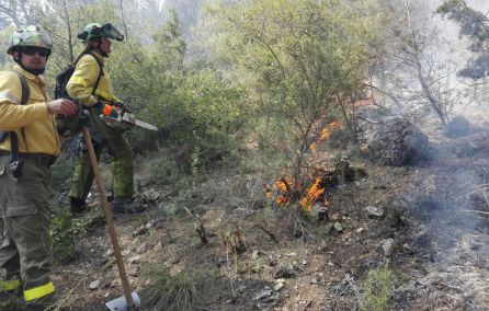 Dos operarios intentan apagar el incendio. Dos operarios intentan apagar el incendio.