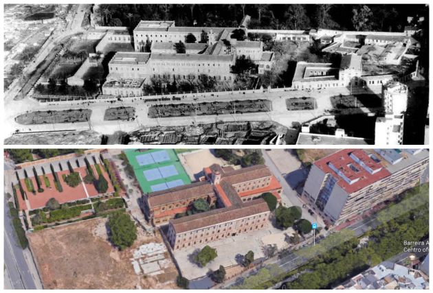En la parte superior una imagen aérea de todo el complejo de Jesuitas con los aularios e instalaciones que después desaparecieron. En la parte inferior, vista aérea del complejo y la parcela resultante de los derribos, el famoso solar de Jesuitas En la parte superior una imagen aérea de todo el complejo de Jesuitas con los aularios e instalaciones que después desaparecieron. En la parte inferior, vista aérea del complejo y la parcela resultante de los derribos, el famoso solar de Jesuitas