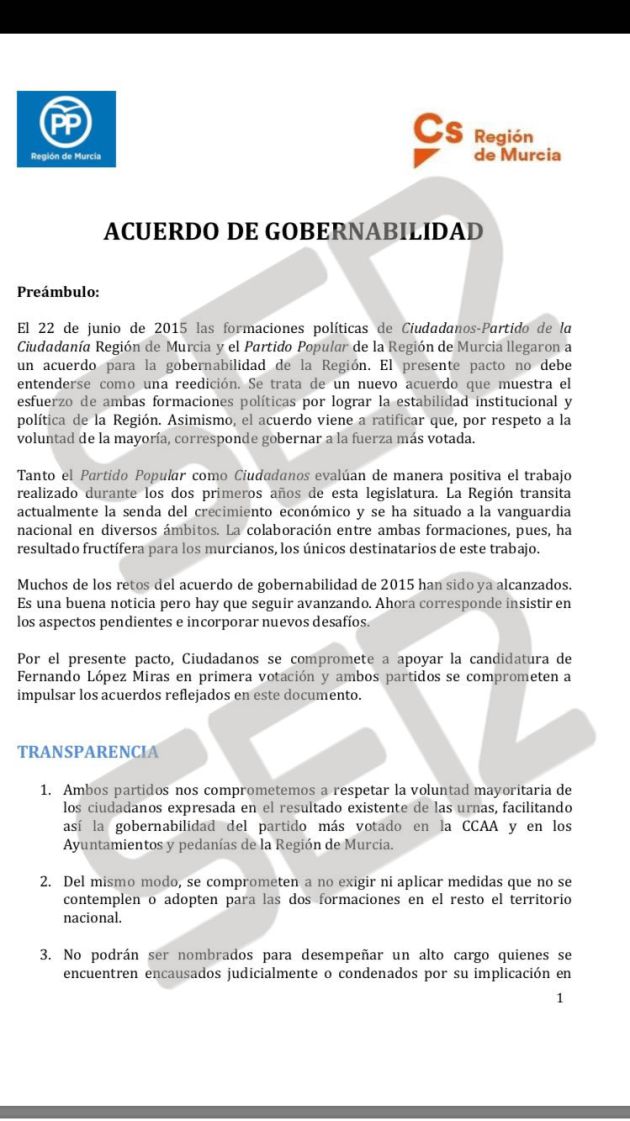 Así es el "inaceptable" acuerdo que propone el PP a Ciudadanos para investir a López Miras Así es el "inaceptable" acuerdo que propone el PP a Ciudadanos para investir a López Miras