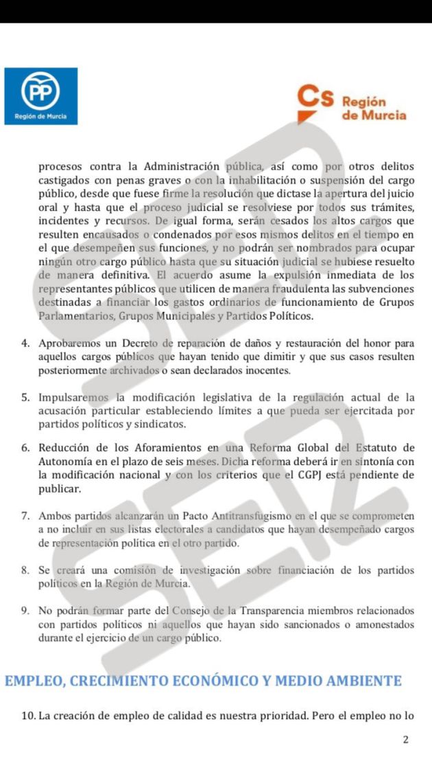 Así es el "inaceptable" acuerdo que propone el PP a Ciudadanos para investir a López Miras Así es el "inaceptable" acuerdo que propone el PP a Ciudadanos para investir a López Miras