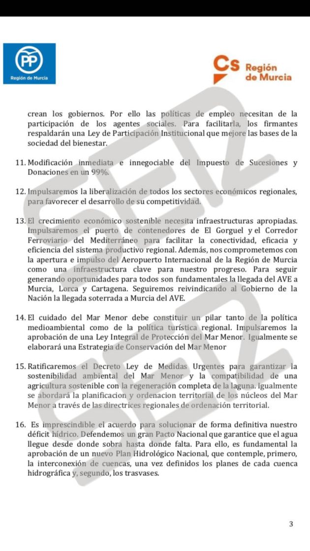 Así es el "inaceptable" acuerdo que propone el PP a Ciudadanos para investir a López Miras Así es el "inaceptable" acuerdo que propone el PP a Ciudadanos para investir a López Miras