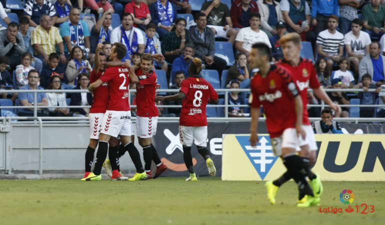 Els jugadors del Nàstic celebren el gol d'Uche. Els jugadors del Nàstic celebren el gol d'Uche.