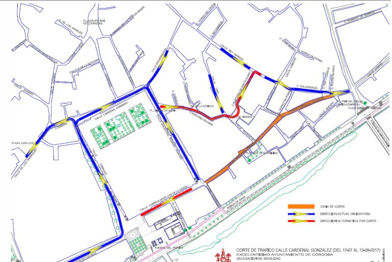 Plano del cambio de tráfico por las obras en Cardenal González. Plano del cambio de tráfico por las obras en Cardenal González.