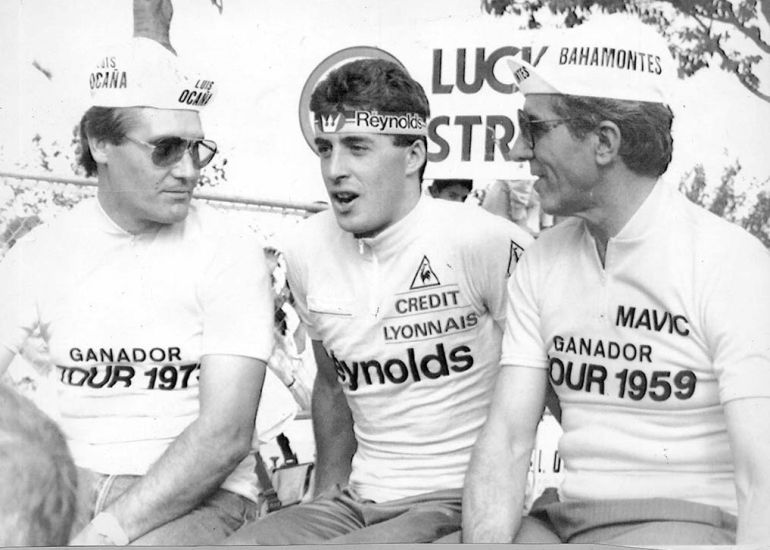 Pedro Delgado junto a Luis Ocaña y Bahamontes Pedro Delgado junto a Luis Ocaña y Bahamontes