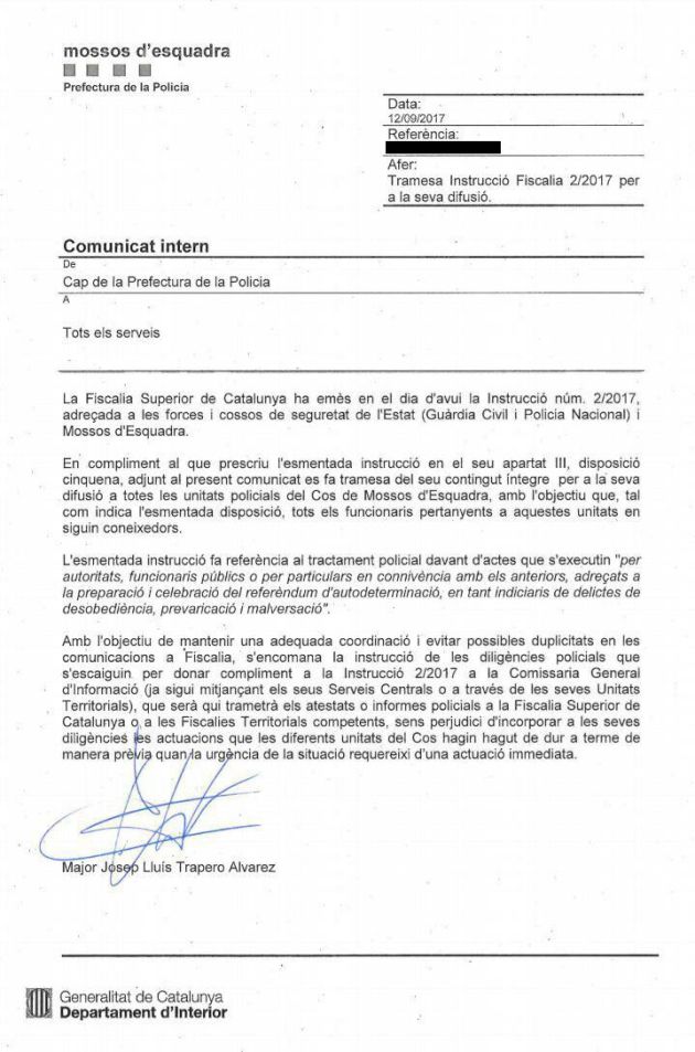 Circular del jefe de los Mossos a sus unidades Circular del jefe de los Mossos a sus unidades